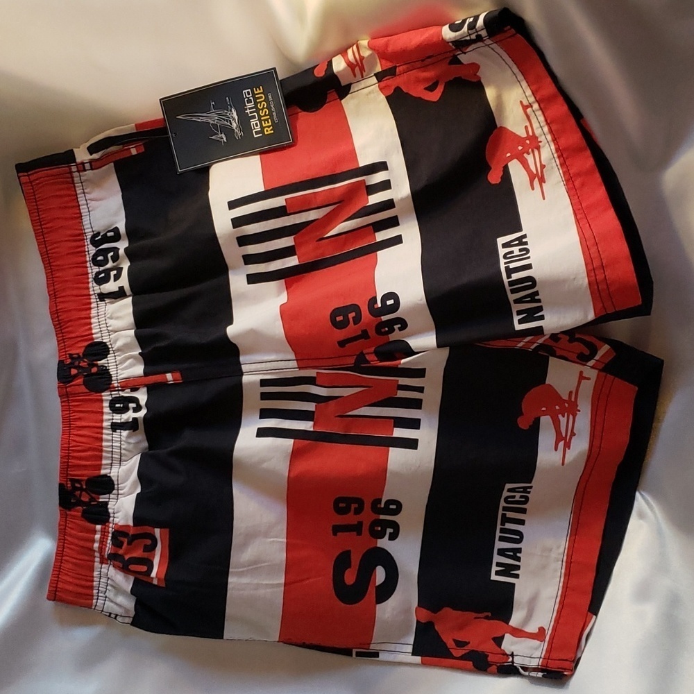 Nautica Red, White & Blue Men's Striped Swim Trunks